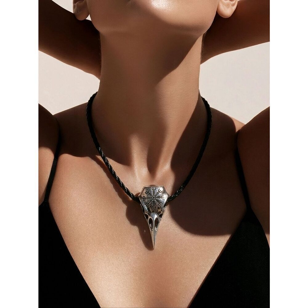 Silver Raven Skull Necklace • Viking Vegvisir Pendant Gothic Crow Amulet Jewelry